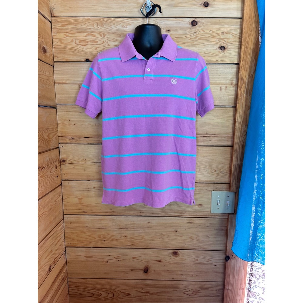 Polo Shirt Mens Medium Pink Turquoise Striped Short Sleeve Cotton Pique Chaps